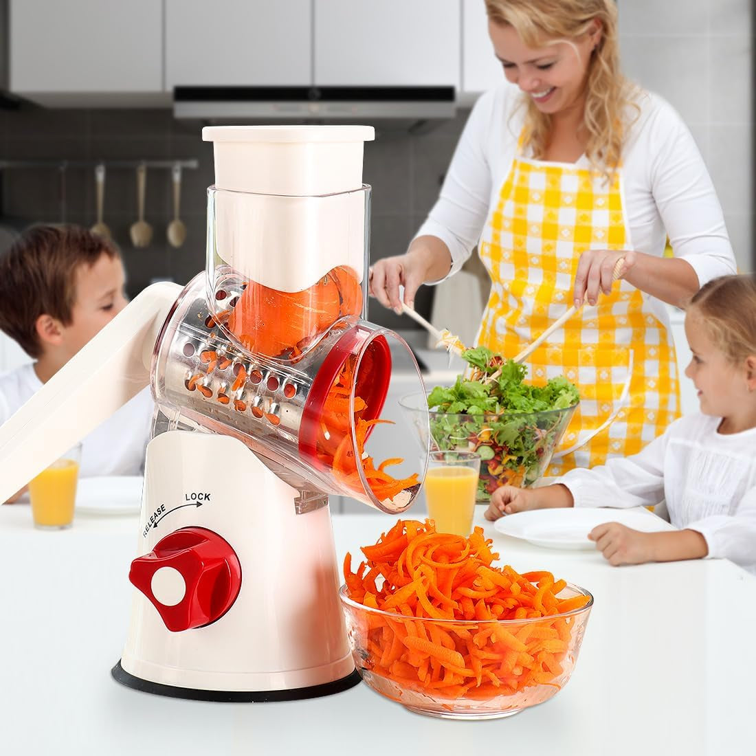 Rotary Cheese Grater Hand Crank, Kitchen Shredder Speed Mandolin Slicer Nuts Grinder with Handle and Drum Blades for Cheese, Vegetable, Chocolate, Potato, Carrot, 3 Blades, White Red - Zayd’s Department Store