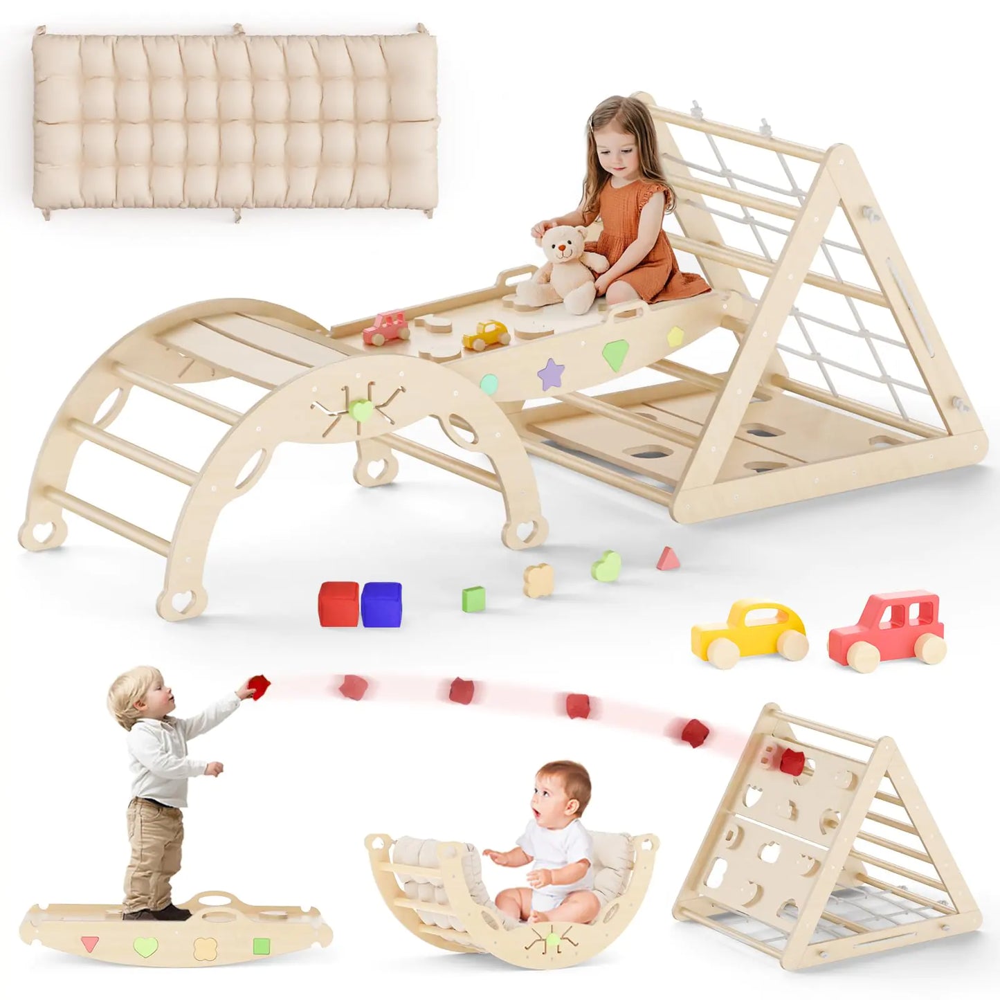 13 in 1 Pikler Triangle Set with Cushion Montessori Climbing Toys for Toddlers Inside Toddler Climbing Toys Indoor Wooden Climbing gym Pikler Set with Bean Bags Maze Shape Sorter Car Toys - Zayd’s Department Store