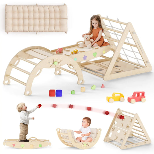 13 in 1 Pikler Triangle Set with Cushion Montessori Climbing Toys for Toddlers Inside Toddler Climbing Toys Indoor Wooden Climbing gym Pikler Set with Bean Bags Maze Shape Sorter Car Toys - Zayd’s Department Store