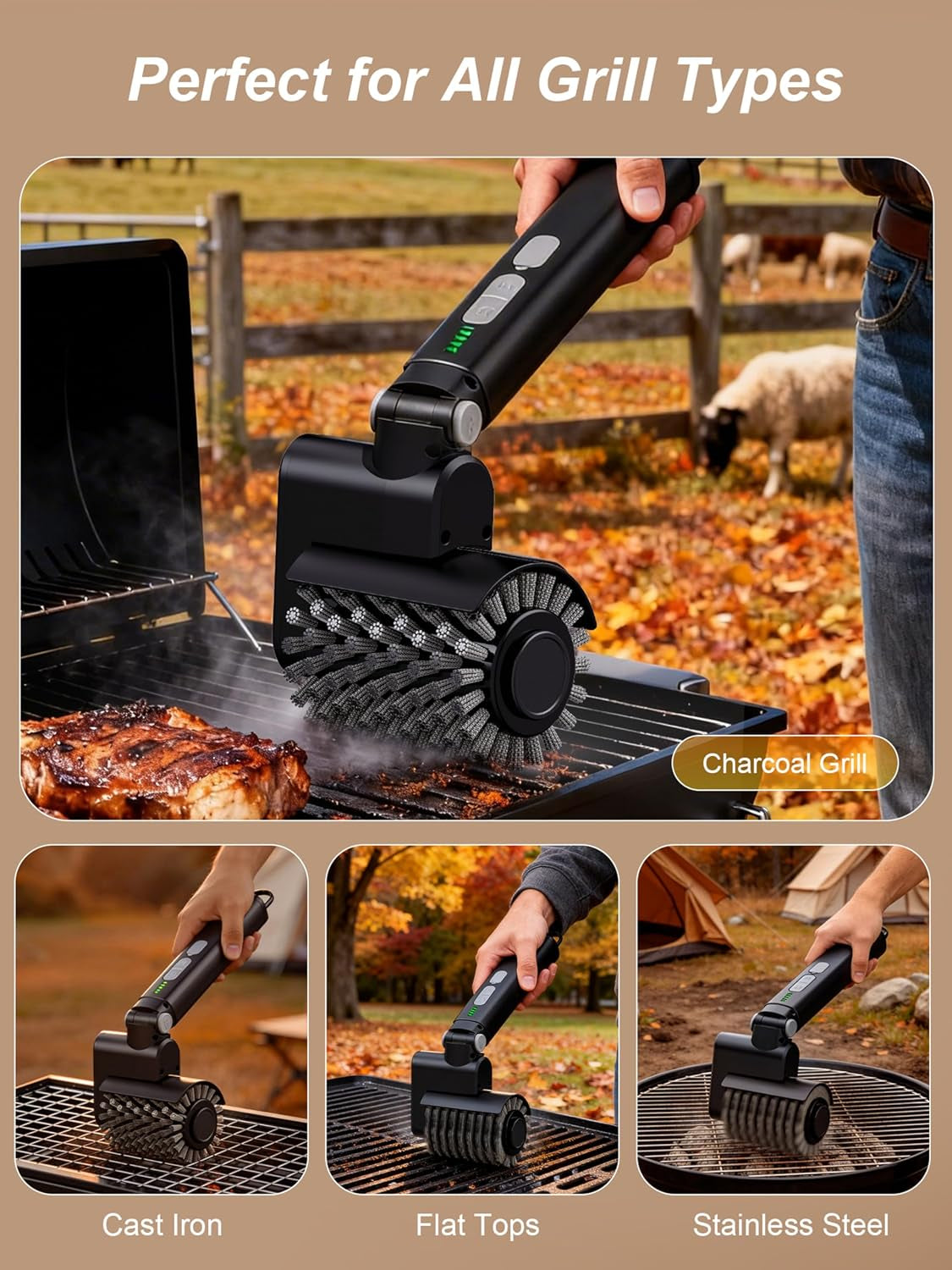 Electric Grill Brush, Cordless Automatic BBQ Cleaner with 3-Speed Control, Rechargeable Grill Cleaning Brush with Stainless Steel Heads & Scouring Pad, BBQ Accessories Gift for Men