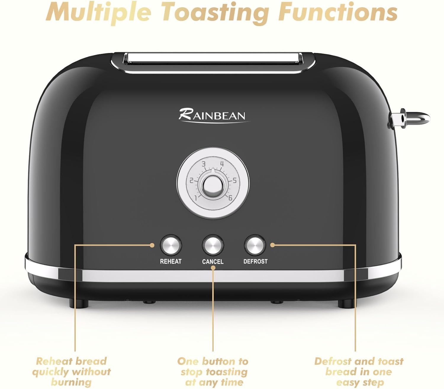 Grille-pain 2 tranches rétro en acier inoxydable avec 6 réglages de teinte de pain et fonction de réchauffage de décongélation d'annulation de bagel, grille-pain mignon avec fente extra large et plateau ramasse-miettes amovible