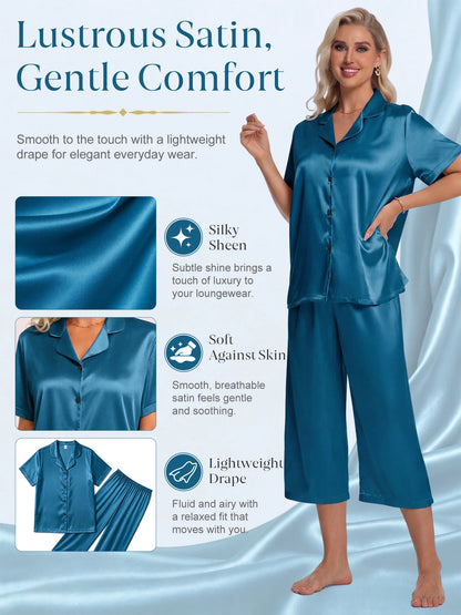 Silk Satin Pajama Set for Women Capri Pajamas Short Sleeve Button down Two Piece Pjs Sleepwear Soft Loungewear Nightwear