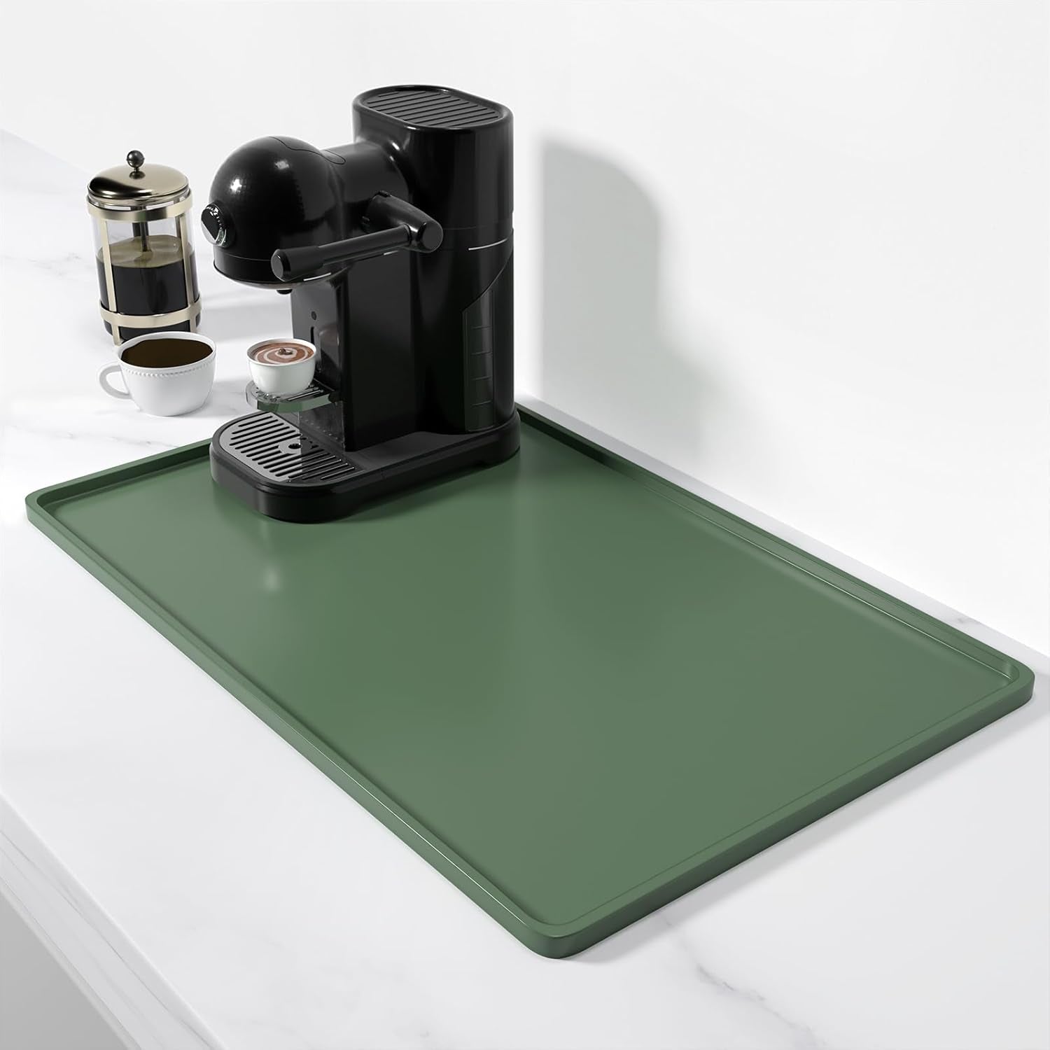 Silicone Coffee Mat, 12" X 19" Waterproof Raised Edge Coffee Bar Mats for Espresso Machine Station Accessories, Heat Resistant Dish Drying Pad for Kitchen Counter, Rubber Bar Decor Pad, Green