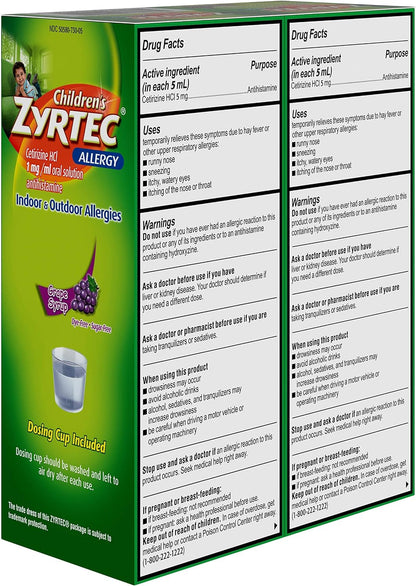 Zyrtec 24 Hr Children'S Allergy Syrup with Cetirizine, Sugar-Free Grape, Twin Pack of 4 Fl. Oz