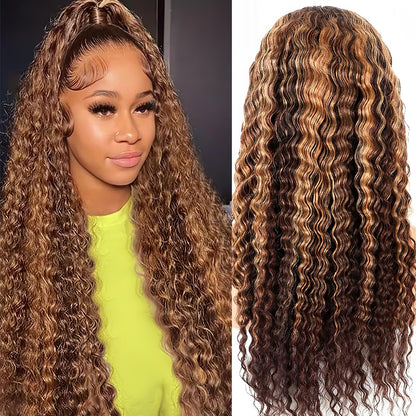 30 Inch Highlight Ombre Lace Front Wig Human Hair 200% Density 13X6 Honey Blonde 4/27 Deep Wave Glueless Pre Plucked HD Lace Frontal Wigs for Women