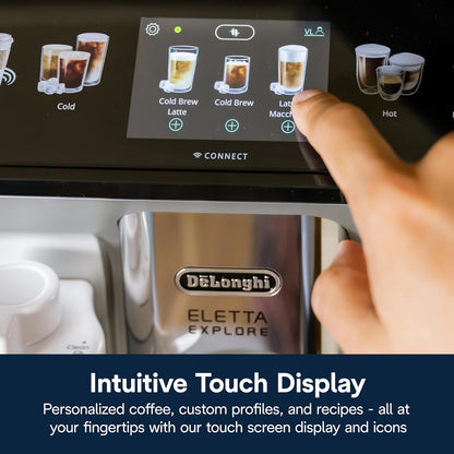 De'Longhi Eletta Explore Espresso Machine with Coffee Grinder, Milk Frother | #1 Worldwide Espresso Machine Maker, 50+ One-Touch Recipes, Travel Mug, Hot & Cold Frother, Built-In Grinder, 4 User Profiles