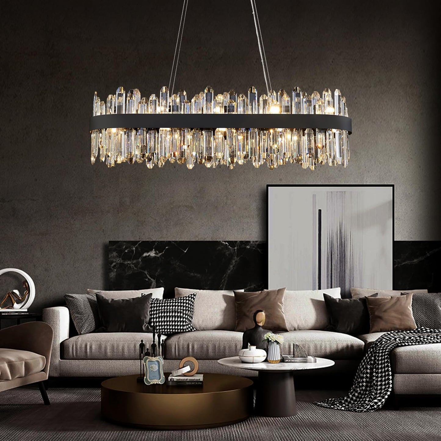 Modern Rectangular Crystal Chandelier, 20-Lights Black Raindrop Chandelier Lighting Contemporary Pendant Ceiling Light Fixture for Dining Room Living Room Kitchen Island L35.4''