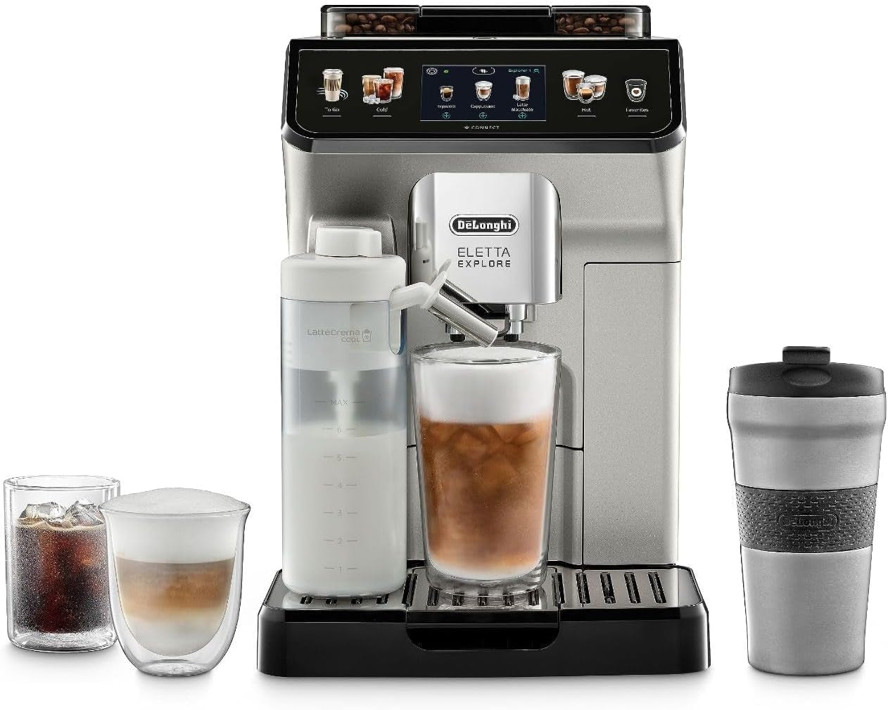 De'Longhi Eletta Explore Espresso Machine with Coffee Grinder, Milk Frother | #1 Worldwide Espresso Machine Maker, 50+ One-Touch Recipes, Travel Mug, Hot & Cold Frother, Built-In Grinder, 4 User Profiles