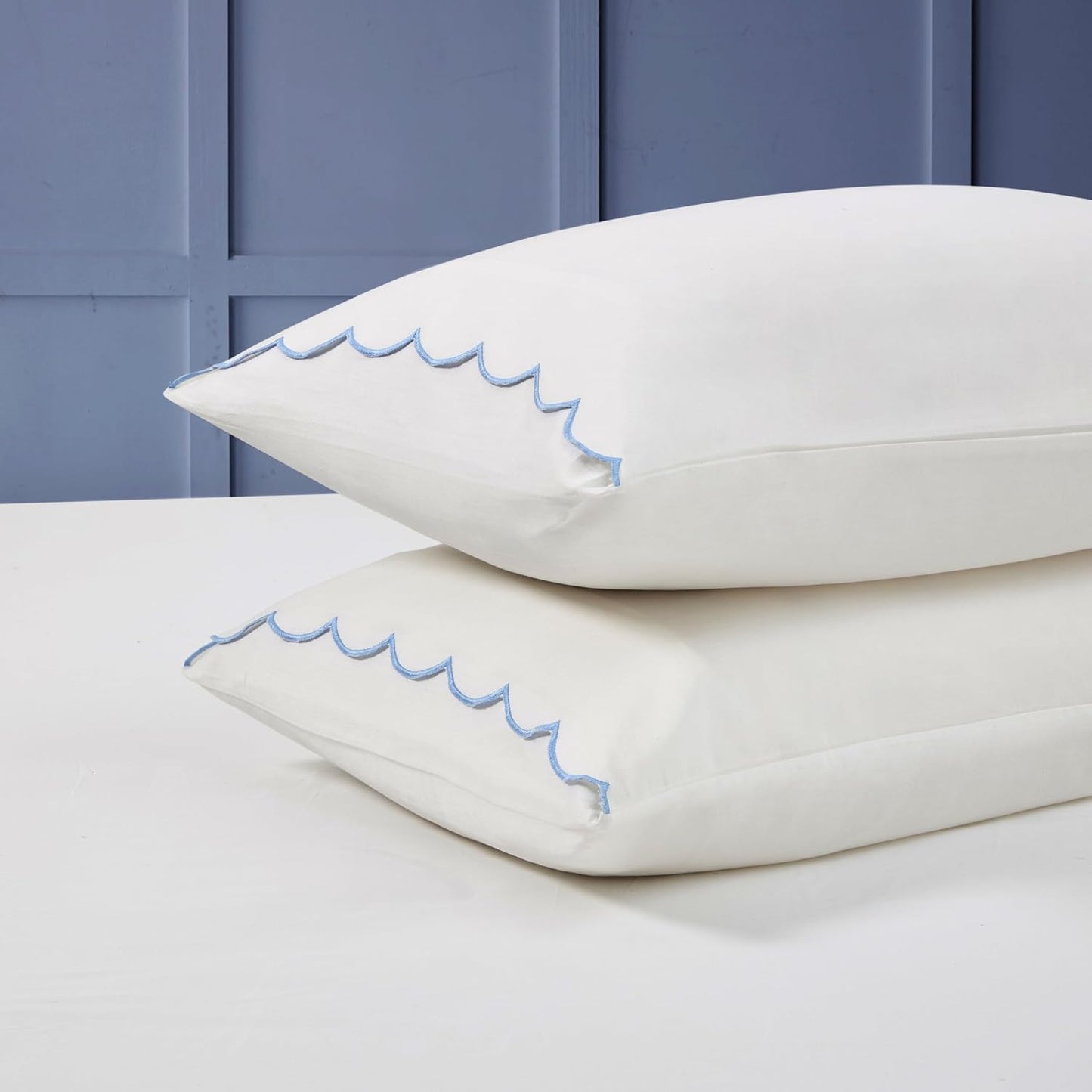 Full Size Sheet Set, 4 Piece Bed Sheets, Breathable Soft 300 TC 100% Cotton with Embroidered Scalloped Edge, 1 Flat Sheet, 1 Fitted, 2 Pillowcases, Full, White with Blue Scallop | Breathable Soft 300 TC, Embroidered Scalloped Edge, Flat, Fitted, Pillowcases