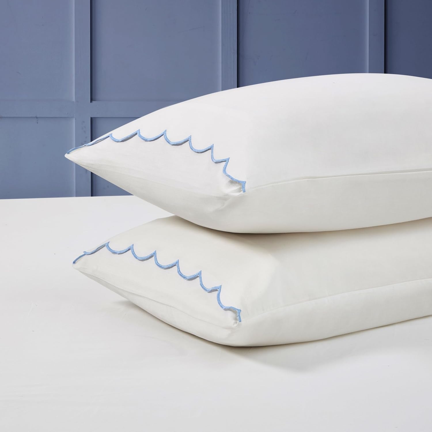 Full Size Sheet Set, 4 Piece Bed Sheets, Breathable Soft 300 TC 100% Cotton with Embroidered Scalloped Edge, 1 Flat Sheet, 1 Fitted, 2 Pillowcases, Full, White with Blue Scallop | Breathable Soft 300 TC, Embroidered Scalloped Edge, Flat, Fitted, Pillowcases