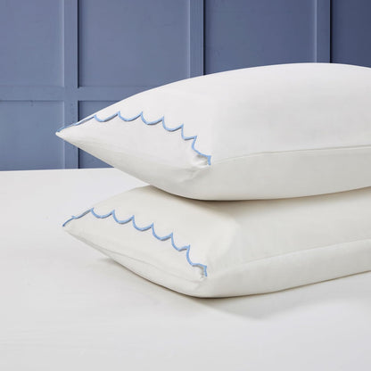Full Size Sheet Set, 4 Piece Bed Sheets, Breathable Soft 300 TC 100% Cotton with Embroidered Scalloped Edge, 1 Flat Sheet, 1 Fitted, 2 Pillowcases, Full, White with Blue Scallop | Breathable Soft 300 TC, Embroidered Scalloped Edge, Flat, Fitted, Pillowcases