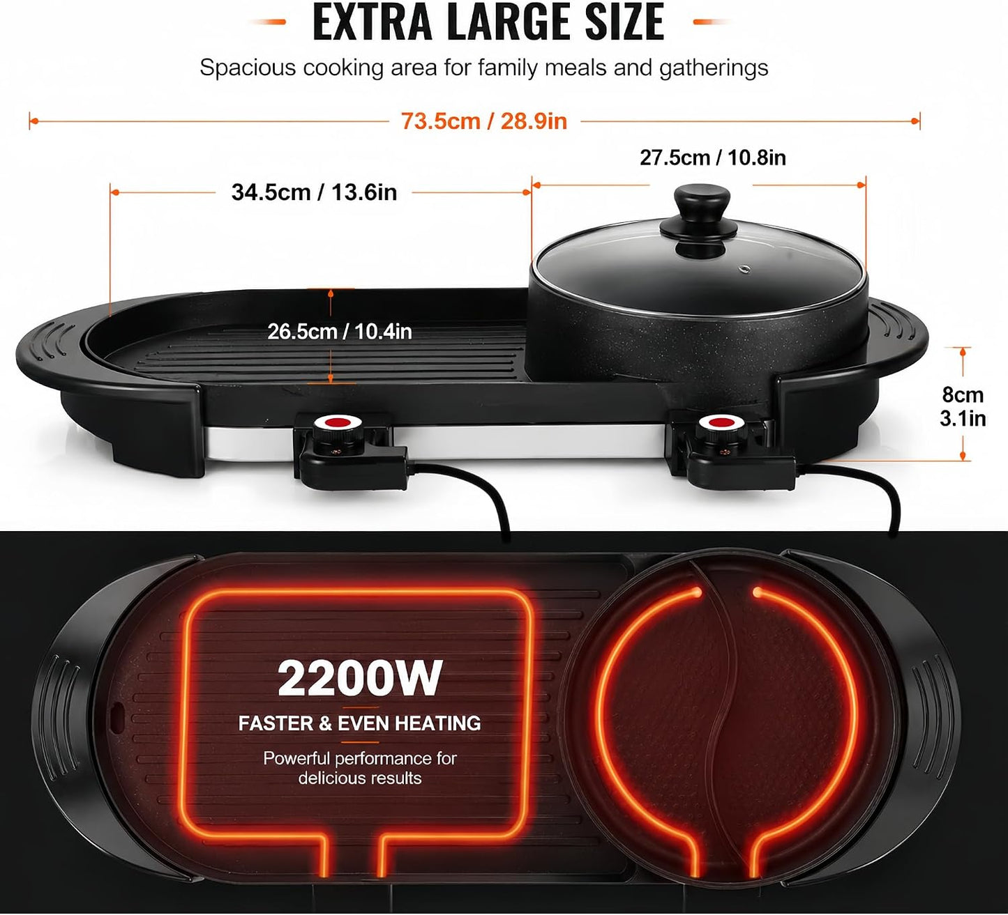 Hot Pot with Grill, Korean BBQ Grill Indoor Hotpot Pot Electric Combo, Shabu Shabu Pot with Divider KBBQ Grill Smokeless Non-Stick Separate Dual Temperature Control, for 2-12 People, 110V