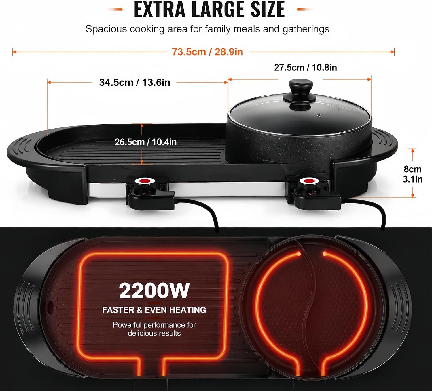 Hot Pot with Grill, Korean BBQ Grill Indoor Hotpot Pot Electric Combo, Shabu Shabu Pot with Divider KBBQ Grill Smokeless Non-Stick Separate Dual Temperature Control, for 2-12 People, 110V