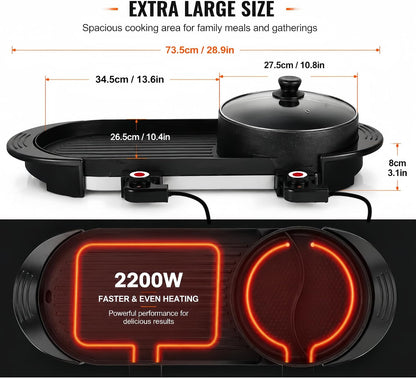Hot Pot with Grill, Korean BBQ Grill Indoor Hotpot Pot Electric Combo, Shabu Shabu Pot with Divider KBBQ Grill Smokeless Non-Stick Separate Dual Temperature Control, for 2-12 People, 110V