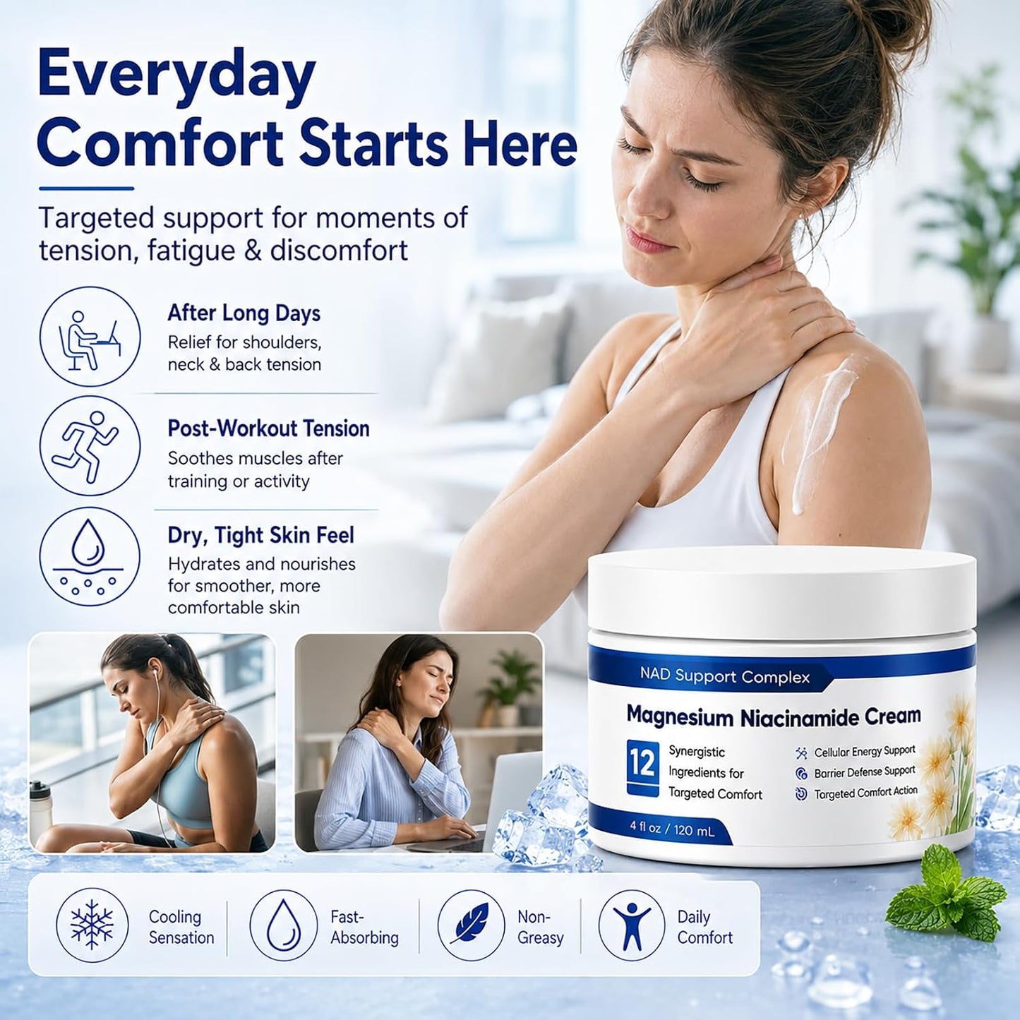 2-Pack Magnesium Niacinamide Relief Cream -Fast Acting Cooling Formula, 12 Ingredients for Muscles, Joints, Neck, Low Back, Knee, Foot, Fast Absorbing, Non-Greasy Formula, 4 Oz (2)