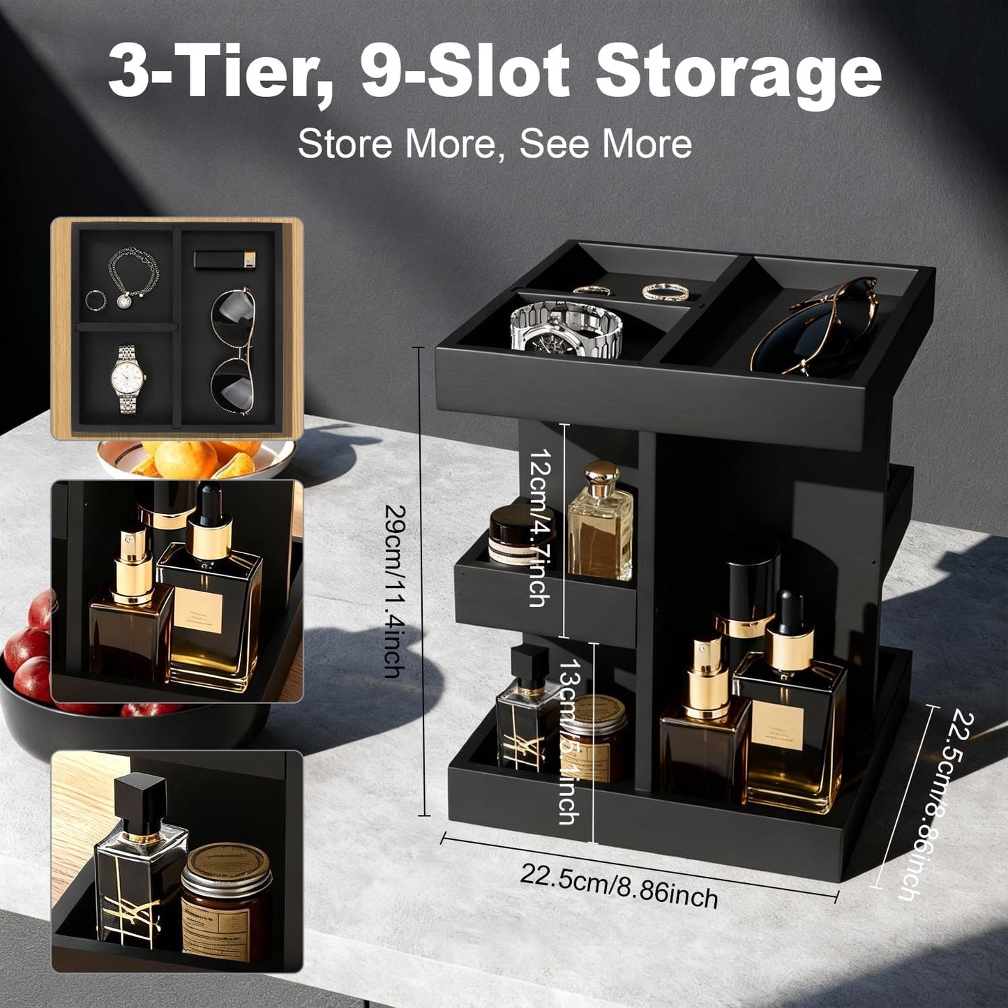 Cologne Organizer for Men, 3-Tier Wood Perfume Stand, Black | 360° Rotation, for Desk, Nightstand, Dresser, Birthday Gift for Husband, Boyfriend, Dad