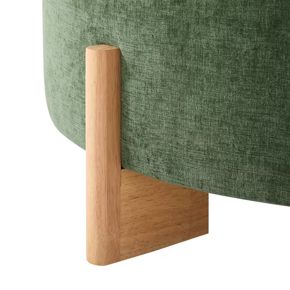 Green Chenille round Tufted Ottoman with Solid Wood Legs