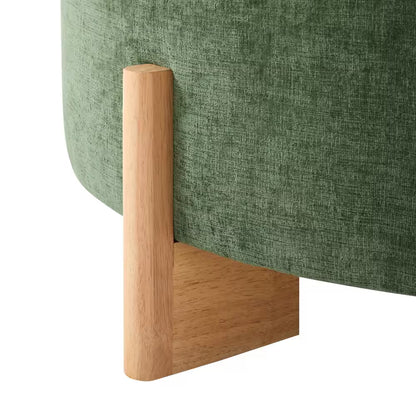 Green Chenille round Tufted Ottoman with Solid Wood Legs