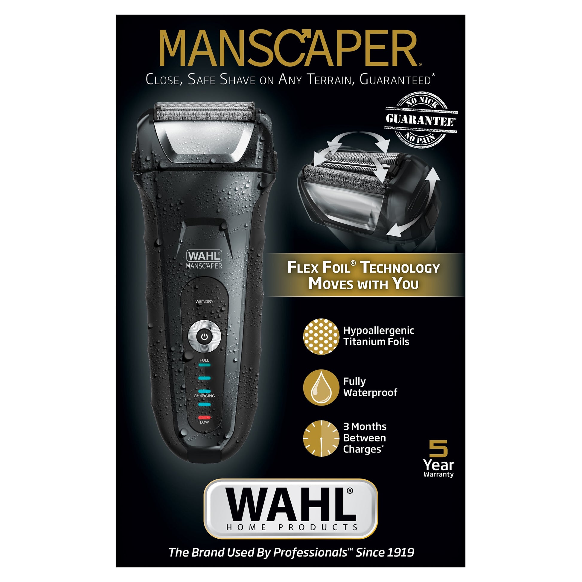 Manscaper Shaver, Lithium Ion Rechargeable, Waterproof Wet/Dry Flex Hypoallergenic Foils, for Men, 7074