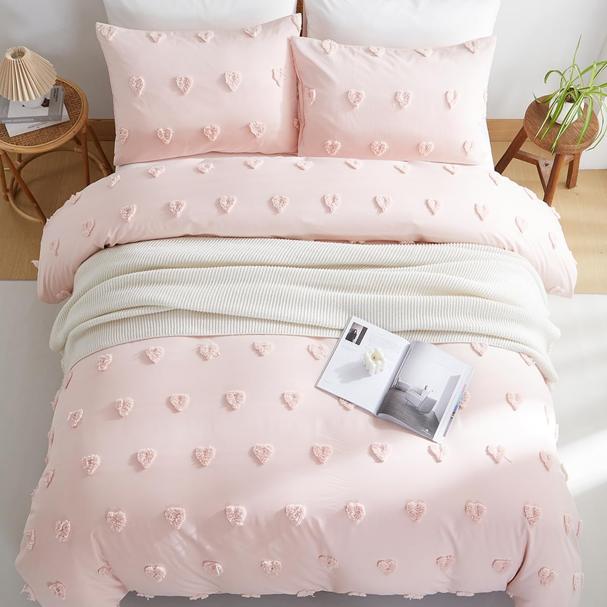 Pink Heart Duvet Cover Queen Size Boho Tufted Chenille Cute Heart Textured Comforter Cover 3Pcs Luxury Soft Washed Microfiber Aesthetic Bedding Set with Zipper Closure for All Season
