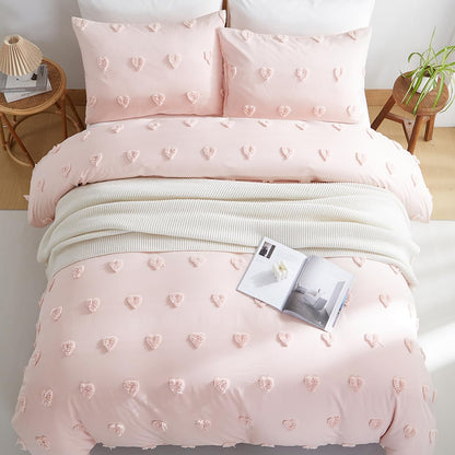 Pink Heart Duvet Cover Queen Size Boho Tufted Chenille Cute Heart Textured Comforter Cover 3Pcs Luxury Soft Washed Microfiber Aesthetic Bedding Set with Zipper Closure for All Season