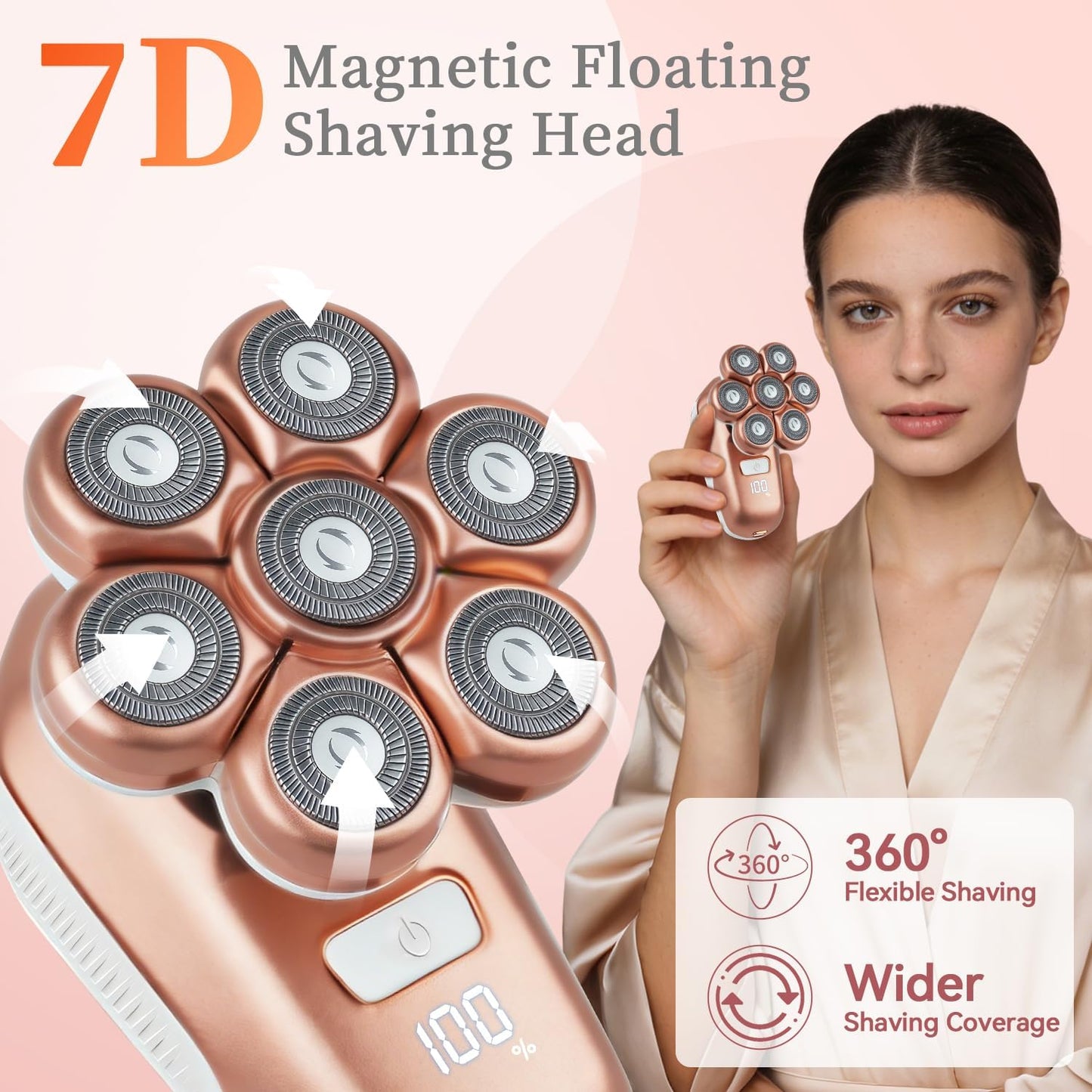 Electric Razors for Women, 5-In-1 Electric Shaver with 7D Magnetic Head, IPX7 Waterproof Wet Dry Hair Remover with LED Display, Travel Lock for Body Face Underarms Bikini Legs (Rose Gold)