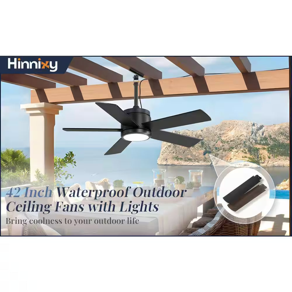 42 In. Outdoor Downrod Black Ceiling Fan with LED Lights, IP65 Waterproof Fandelier Fan with Remote Control 6-Speeds