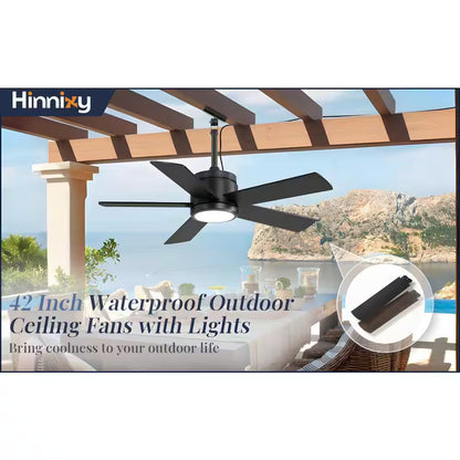42 In. Outdoor Downrod Black Ceiling Fan with LED Lights, IP65 Waterproof Fandelier Fan with Remote Control 6-Speeds