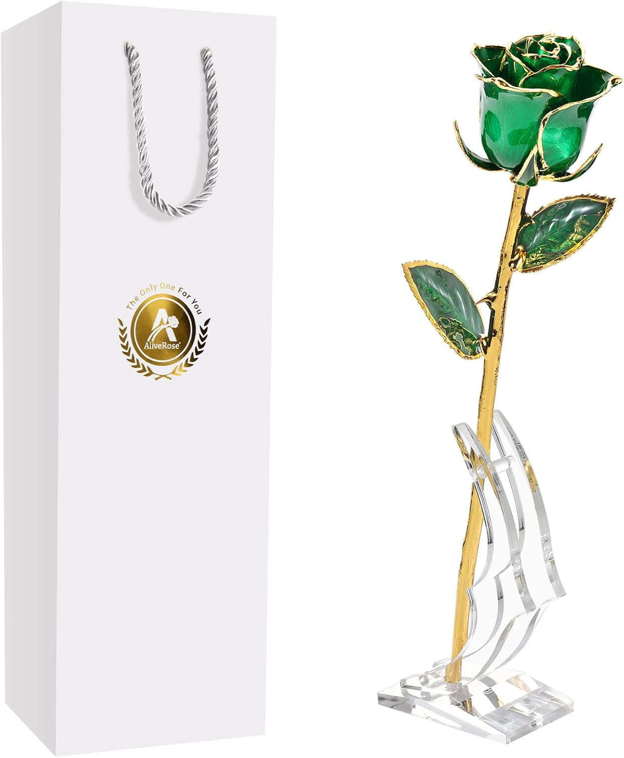 Gold Dipped Rose, 24K Gold Rose Made from Real Rose - Unique Design Gold Plated Rose for Anniversary Valentines Mothers Day Birthday Gifts (Green Original with Stand)