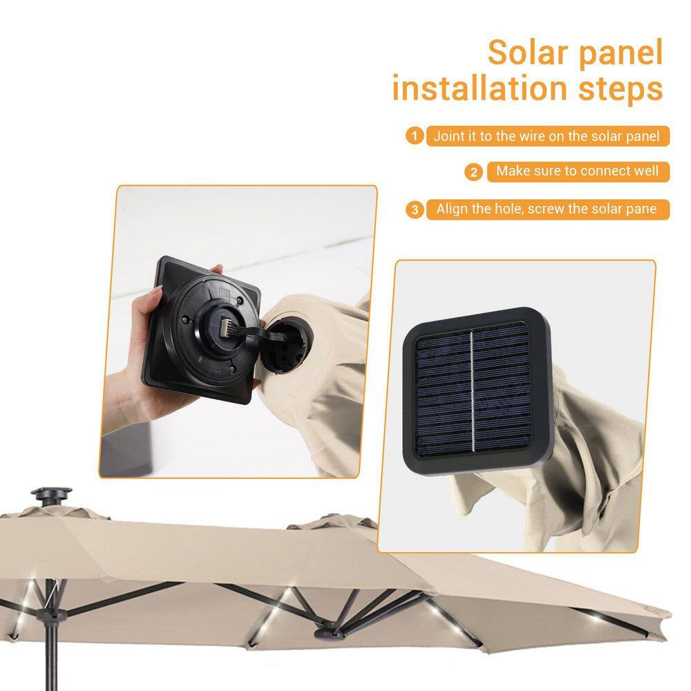 13 Ft. X 7.2 Ft. Steel Solar-Powered Double-Sided Market Patio Umbrella with Crank, Solar Panel in Sand