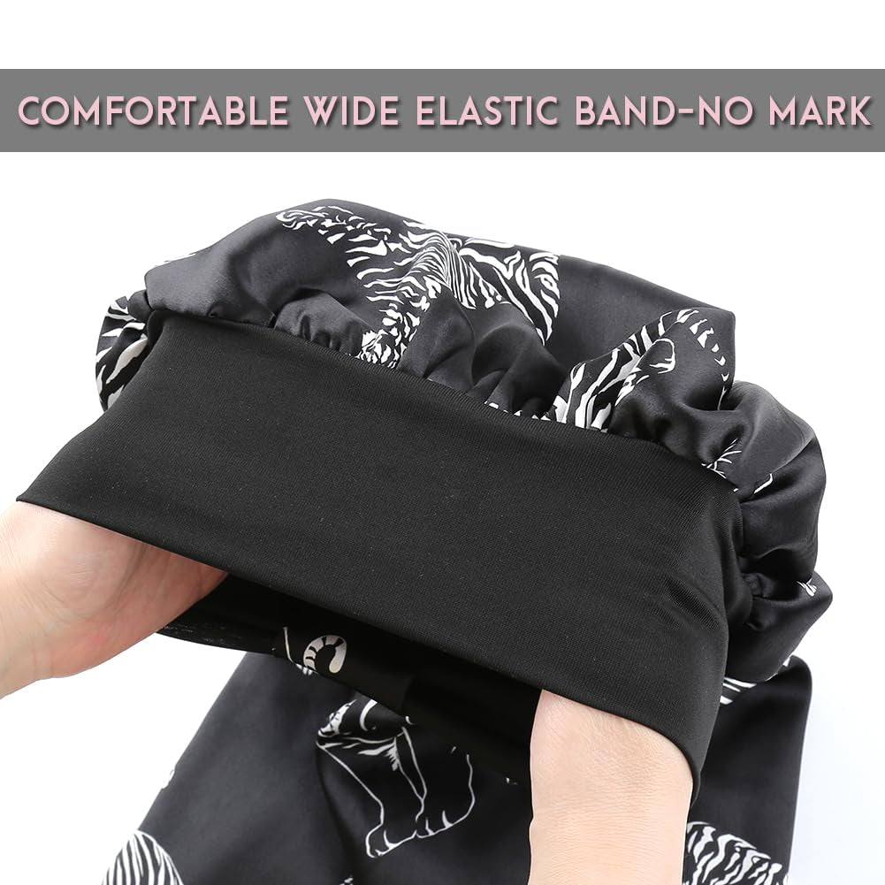 Extra Long Black Satin Bonnet for Women Silver Tiger, Adjustable Elastic Sleep Cap for Long Braids Locs Natural Hair, Frizz-Free Nighttime Hair Protector