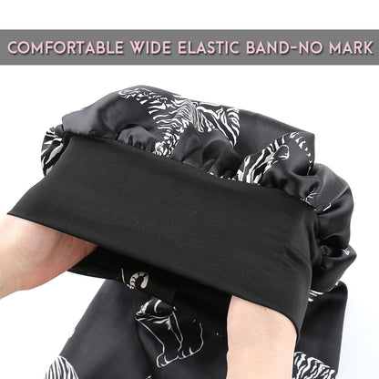 Extra Long Black Satin Bonnet for Women Silver Tiger, Adjustable Elastic Sleep Cap for Long Braids Locs Natural Hair, Frizz-Free Nighttime Hair Protector