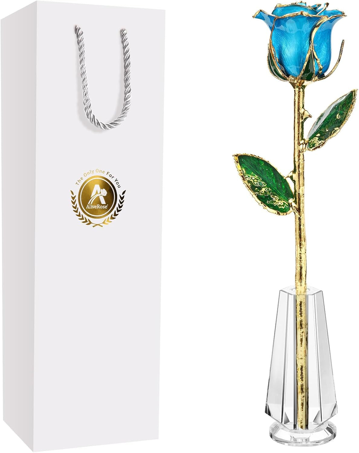 for Her, 24K Gold Rose Made from Real Rose - Unique Design Gold Plated Rose for Anniversary Valentines Mothers Day Birthday Gifts (Tealblue Original Rose with Crystal Vase)