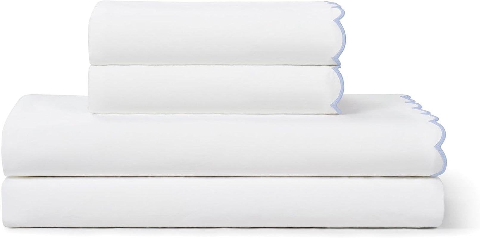 Full Size Sheet Set, 4 Piece Bed Sheets, Breathable Soft 300 TC 100% Cotton with Embroidered Scalloped Edge, 1 Flat Sheet, 1 Fitted, 2 Pillowcases, Full, White with Blue Scallop | Breathable Soft 300 TC, Embroidered Scalloped Edge, Flat, Fitted, Pillowcases