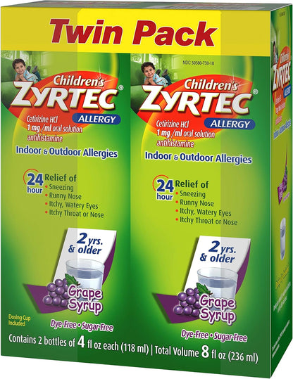 Zyrtec 24 Hr Children'S Allergy Syrup with Cetirizine, Sugar-Free Grape, Twin Pack of 4 Fl. Oz