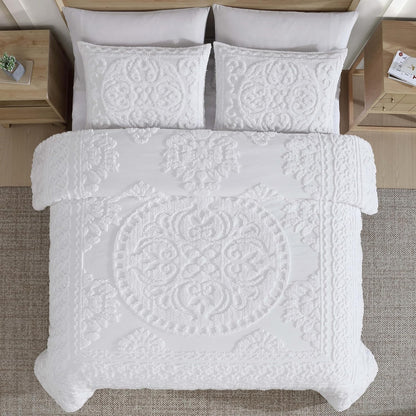 Medallion Queen Cotton Chenille Comforter Set, White | Vintage Tufted Cozy Plush 100% Cotton with Poly Fill 3-Piece Set with Large Centered Medallion Design