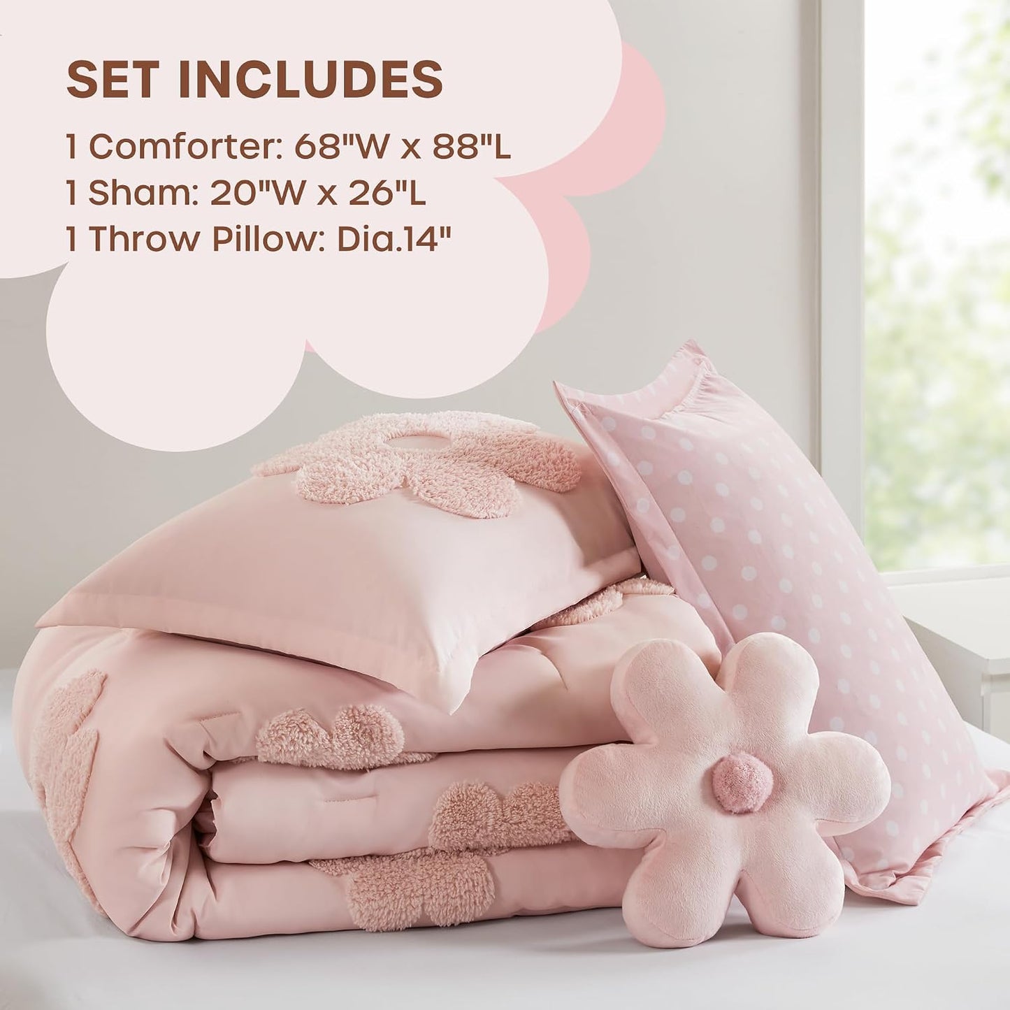 Kids Pink Floral Twin Comforter Set for Girls, 3Pc | Tufted Chenille, Polka Dot Reverse, Machine Washable, All Season, Lightweight, Bedding Set, Ultra Soft