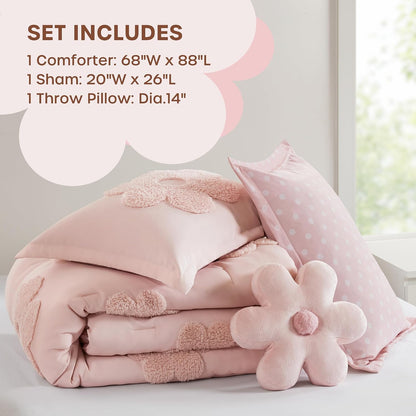 Kids Pink Floral Twin Comforter Set for Girls, 3Pc | Tufted Chenille, Polka Dot Reverse, Machine Washable, All Season, Lightweight, Bedding Set, Ultra Soft