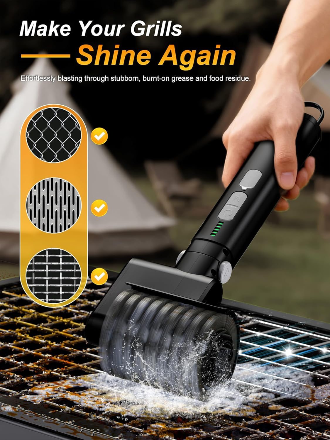 Electric Grill Brush, Cordless Automatic BBQ Cleaner with 3-Speed Control, Rechargeable Grill Cleaning Brush with Stainless Steel Heads & Scouring Pad, BBQ Accessories Gift for Men