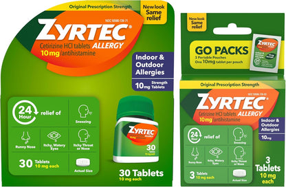 Zyrtec 24-Hour Allergy Relief Tablets, 30-Ct Size plus 3X1-Count Packs