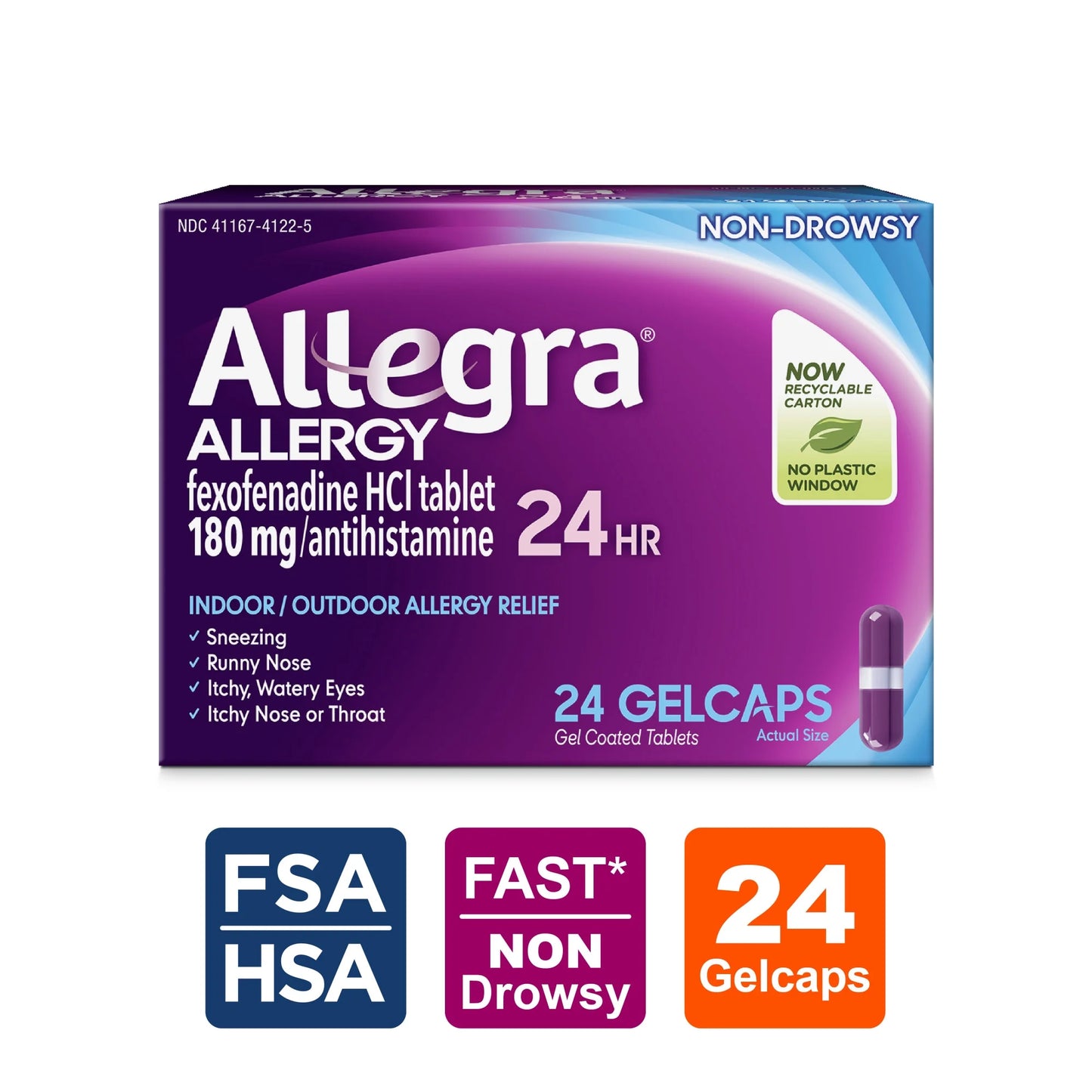 Adult 24-Hour Allergy Relief Gelcaps, Non-Drowsy Indoor and Outdoor Allergy Medicine, 180 Mg Fexofenadine HCI Antihistamine Pill, 24-Count