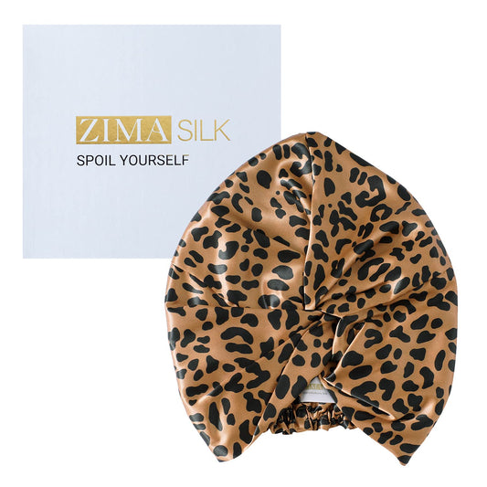 22 Momme 100% Pure Silk Bonnet for Sleeping, Leopard Black/Golden | Double Layer Breathable Highest Grade 6A Silk Hair Wrap, Sleeping & Hair Care, Adjustable Elastic Stay on Head, 1Pc