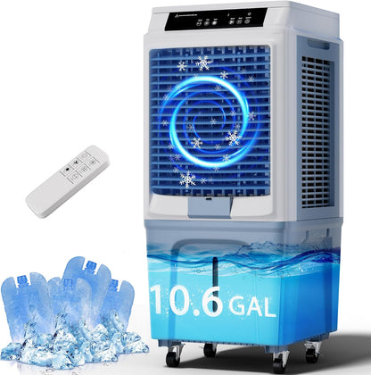 Swamp Cooler for Large Room, 43 Inch Evaporative Air Cooler 120°Oscillation, 3880CFM Portable Cooling Fan with Remote, 3 Speeds, 12H Windowless Air Conditioner, 10.6 Gal Tank for Garage Patio Outdoor