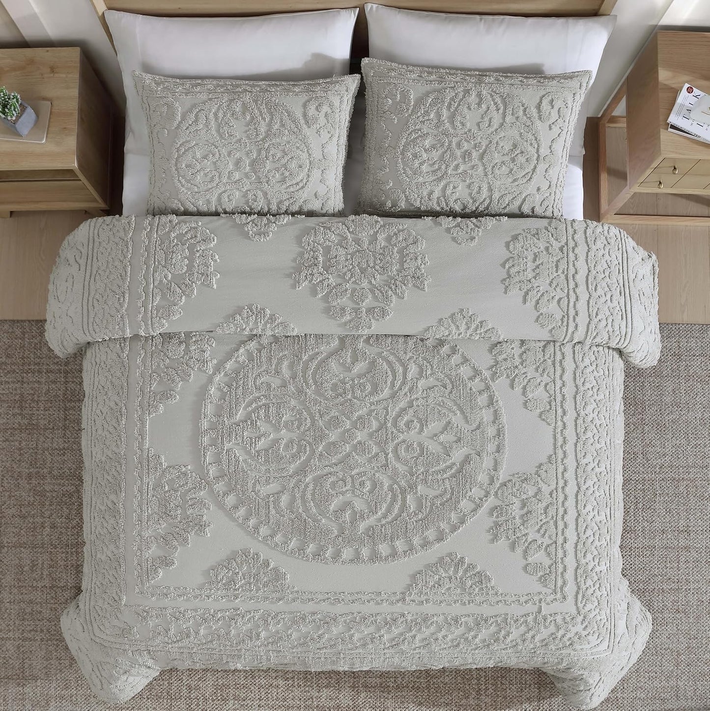 Medallion King Cotton Chenille Comforter Set, Gray | Vintage Tufted Cozy Plush 100% Cotton with Poly Fill 3-Piece Set with Large Centered Medallion Design