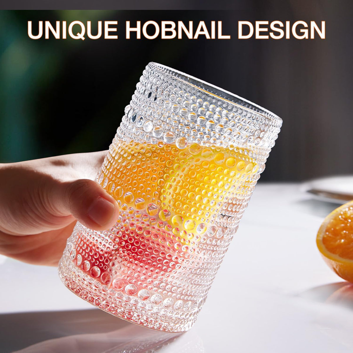 Drinking Water Glass Cups Set,Crystal Hobnail Glass Set of 8,15Oz&12Oz | Unique Design Vintage Tall Glass Cups Sets for Whiskey,Cocktail,Mocktails