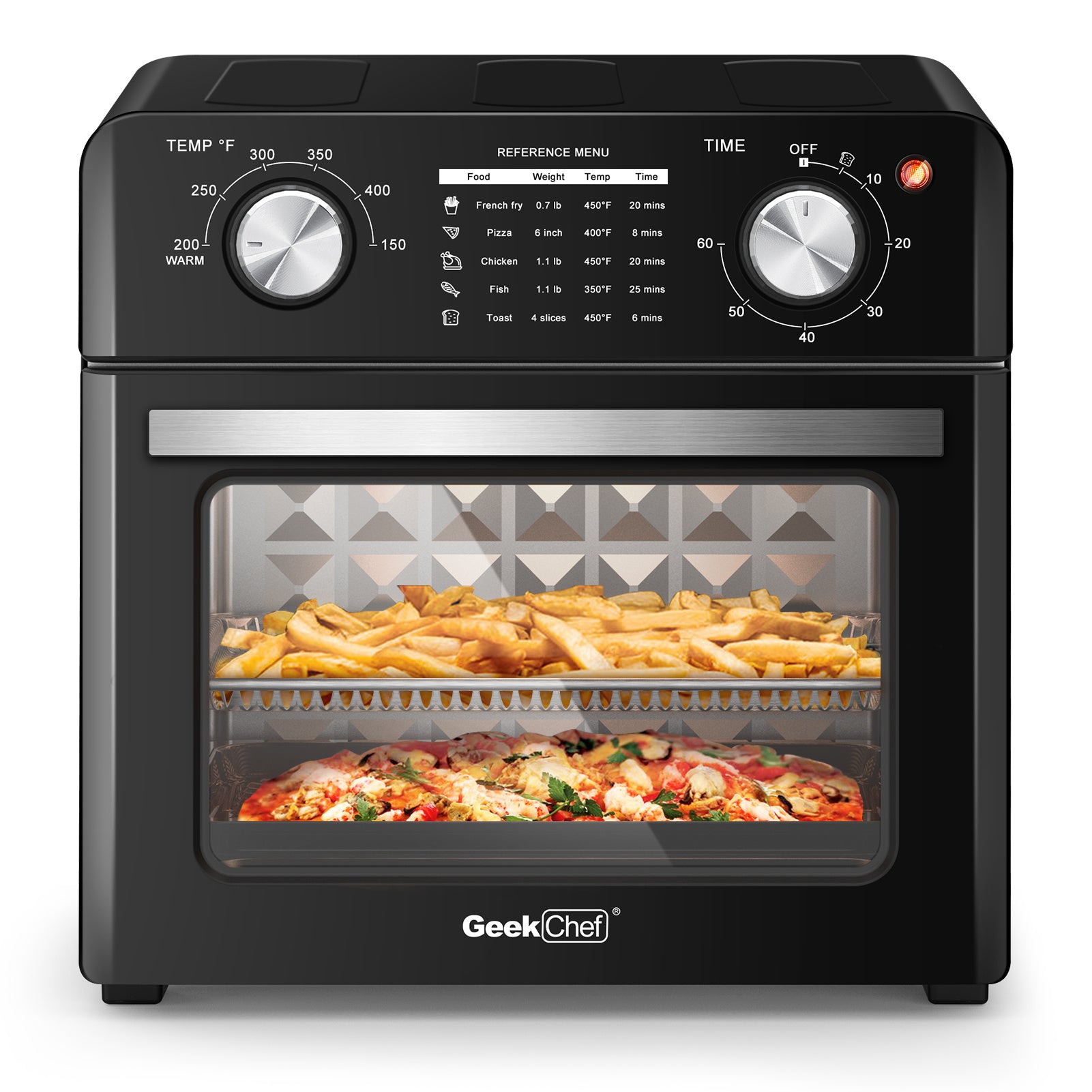 Friteuse à air Geek Chef 10QT, four grille-pain de comptoir, four à friteuse à air 4 tranches pour réchauffer, griller, griller, cuire, frire à l'air, sans huile, acier inoxydable noir, parfait pour le comptoir, interdiction sur Amazon