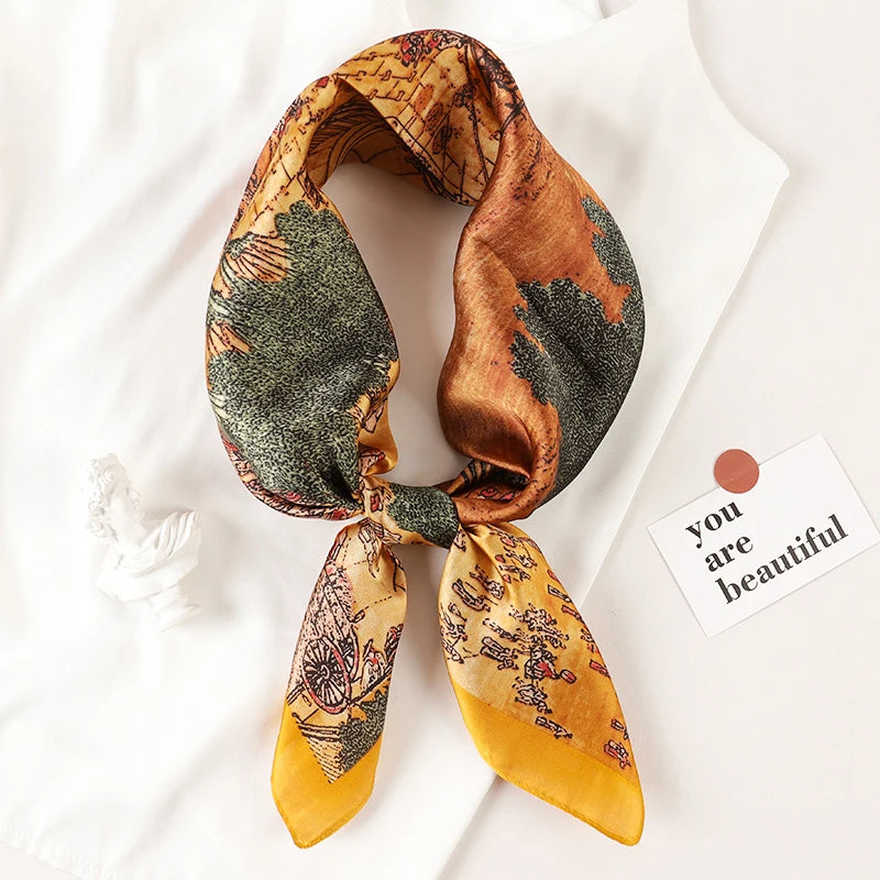 Luxury Brand 2022 Silk Square Scarf Women Cat Neck Hair Tie Band Beach Hijab Kerchief Head Headbands Bandana Female Foulard 70Cm
