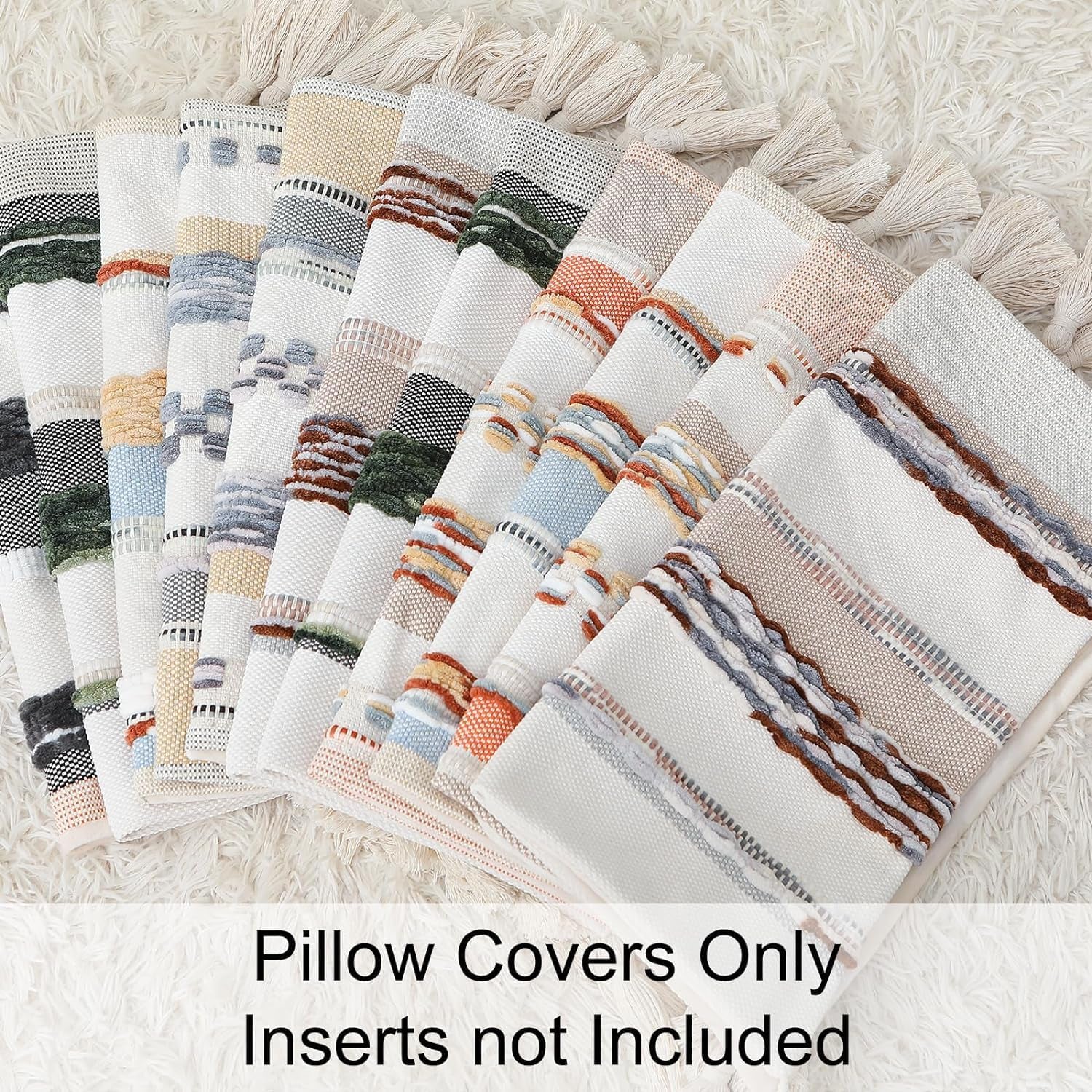 Sky Blue Throw Pillow Covers 18X18 Set of 2 | Decorative Modern Boho Farmhouse Pillow Covers Chenille Striped Tufted Couch Pillow Covers with Tassels for Bed Sofa
