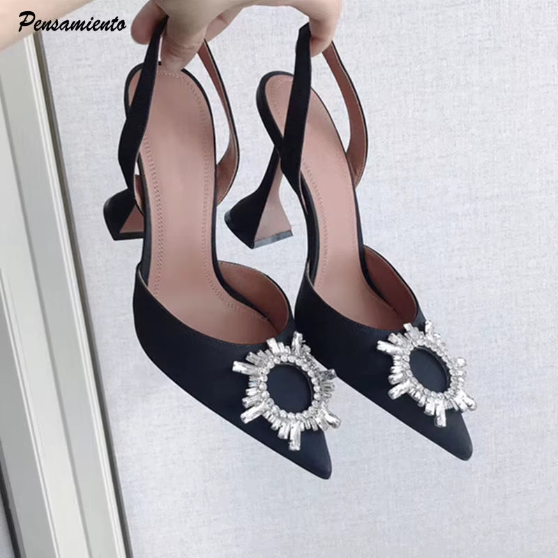 2025 Brand Women Pumps Luxury Crystal Slingback High Heels Summer Bride Shoes Comfortable Triangle Heeled Party Wedding Shoes