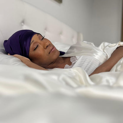 100% Mulberry Silk Hair Sleep Bonnet - Reversible Sleep Bonnet for Women, Wide Band Adjustable Tie, Night Cap for Curly Hair